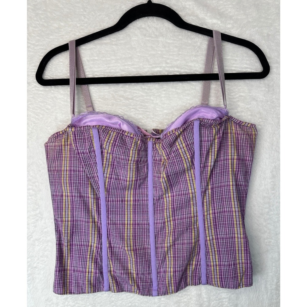 Victoria's Secret Plaid Corset Top Women Large Purple Yellow Boning Zipper